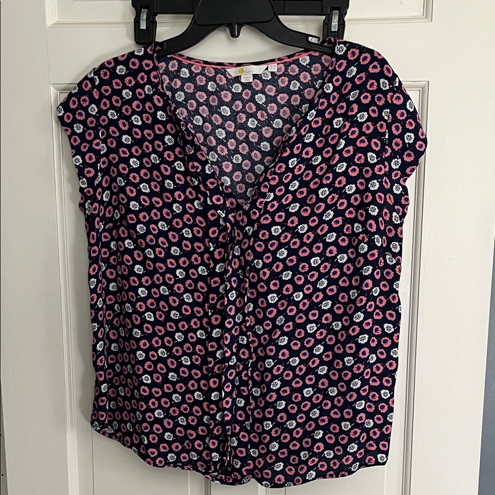 Boden Navy Cap Sleeve Blouse with Pink & White Floral Dots